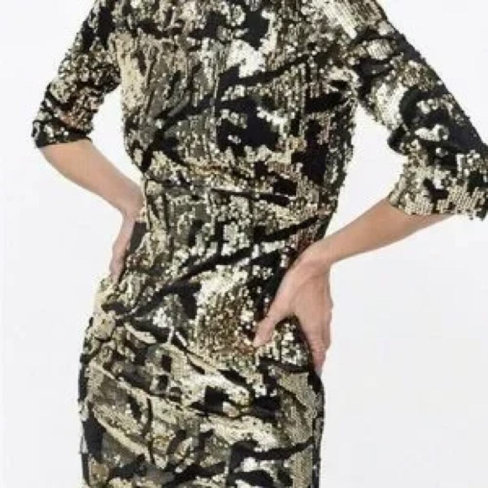 NWT Zara black gold sequin 3/4 sleeve mini bodycon dress size small S b67